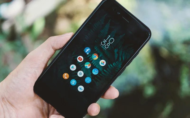 Close-up of a hand holding a smartphone with app icons and a nature wallpaper.