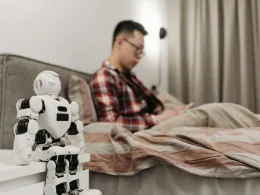 A modern bedroom featuring a robot on a bedside table and a man sitting on a bed.